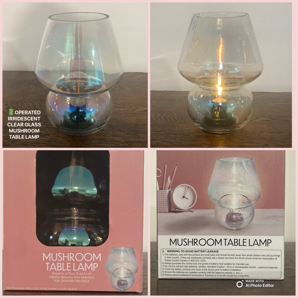 NWT- Beautiful Clear Iridescent Glass Mushroom Shape Battery Operated Table Lamp